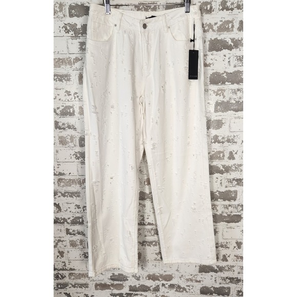 Forever 21 Jeans Women's Size M White Distressed Straight Wide Leg Denim Pockets - Picture 1 of 16